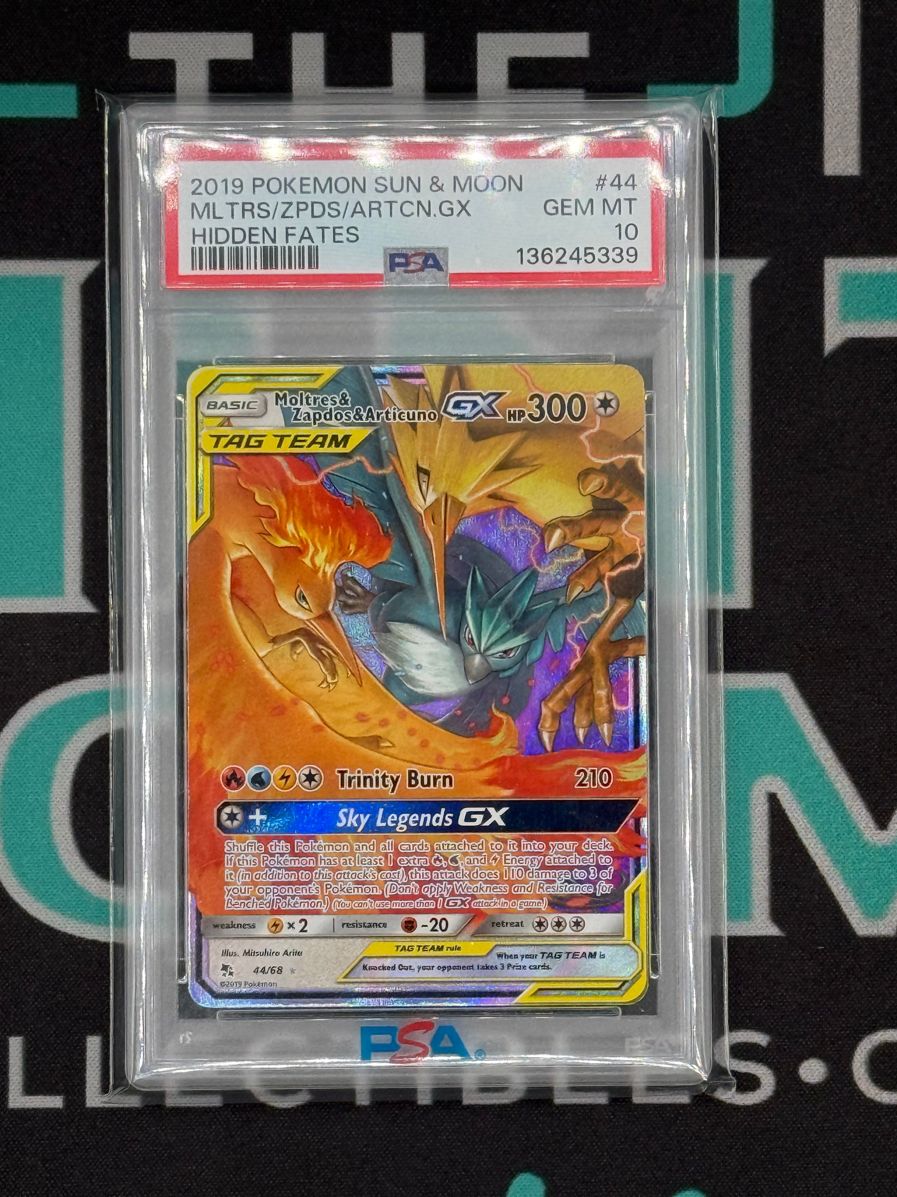 2019 Pokémon Sun & Moon Hidden Fates Moltres & Zapdos & Atricuno GX PSA 10