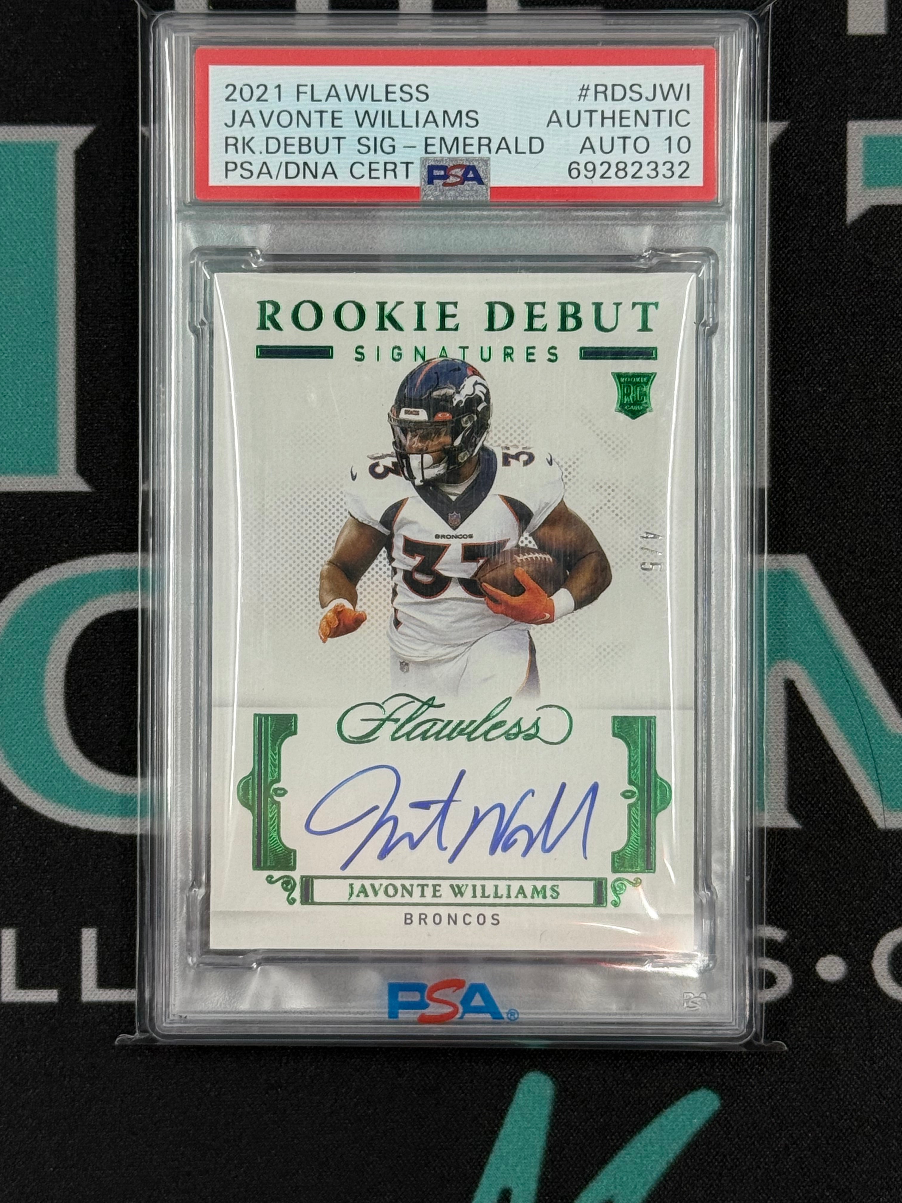 2021 Flawless Javonte Williams Rookie Debut Emerald Autograph /5 PSA Auto 10