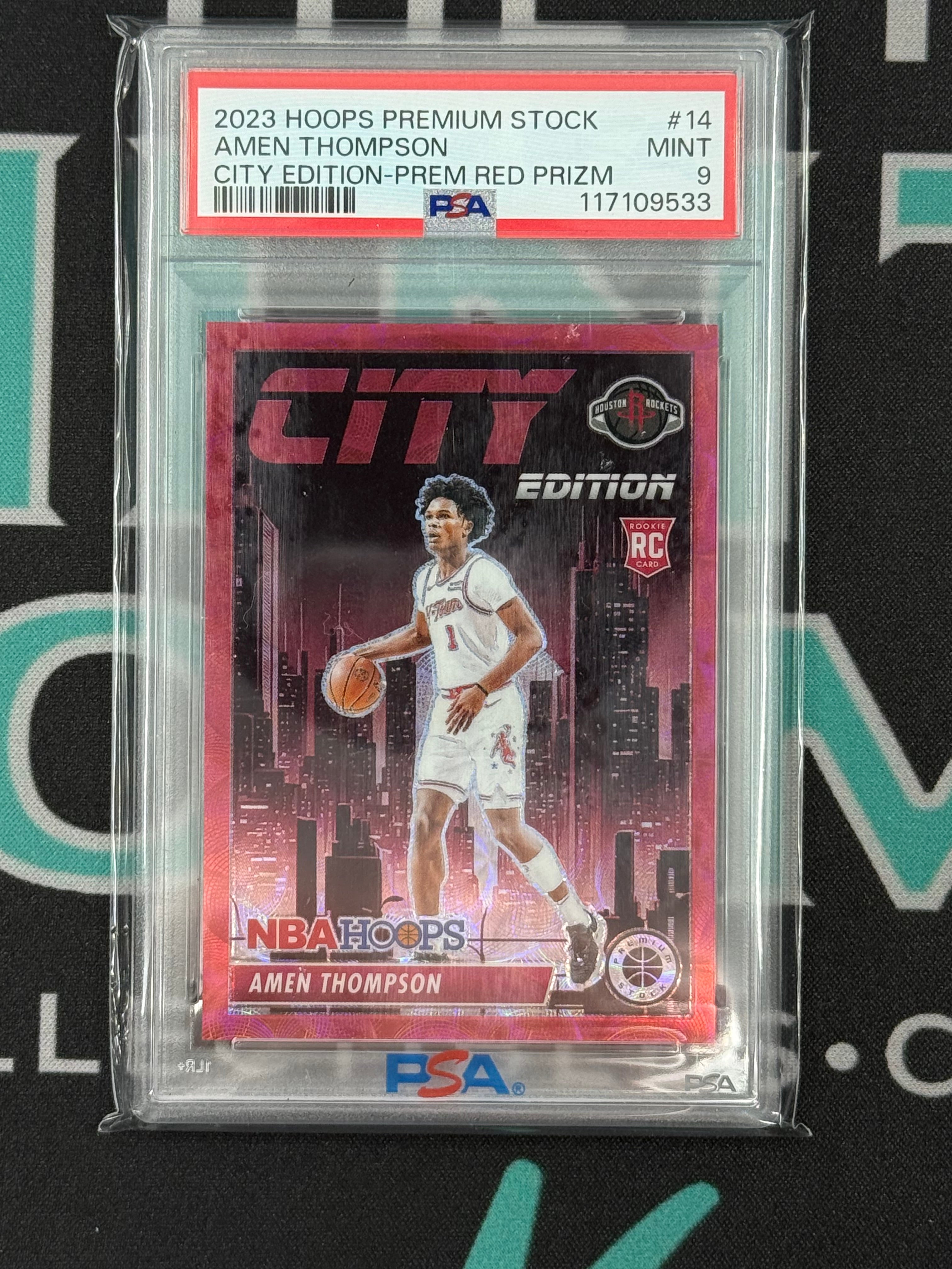 2023 Hoops Amen Thompson City Edition Premium Stock Red Prizm Rookie Card PSA 9