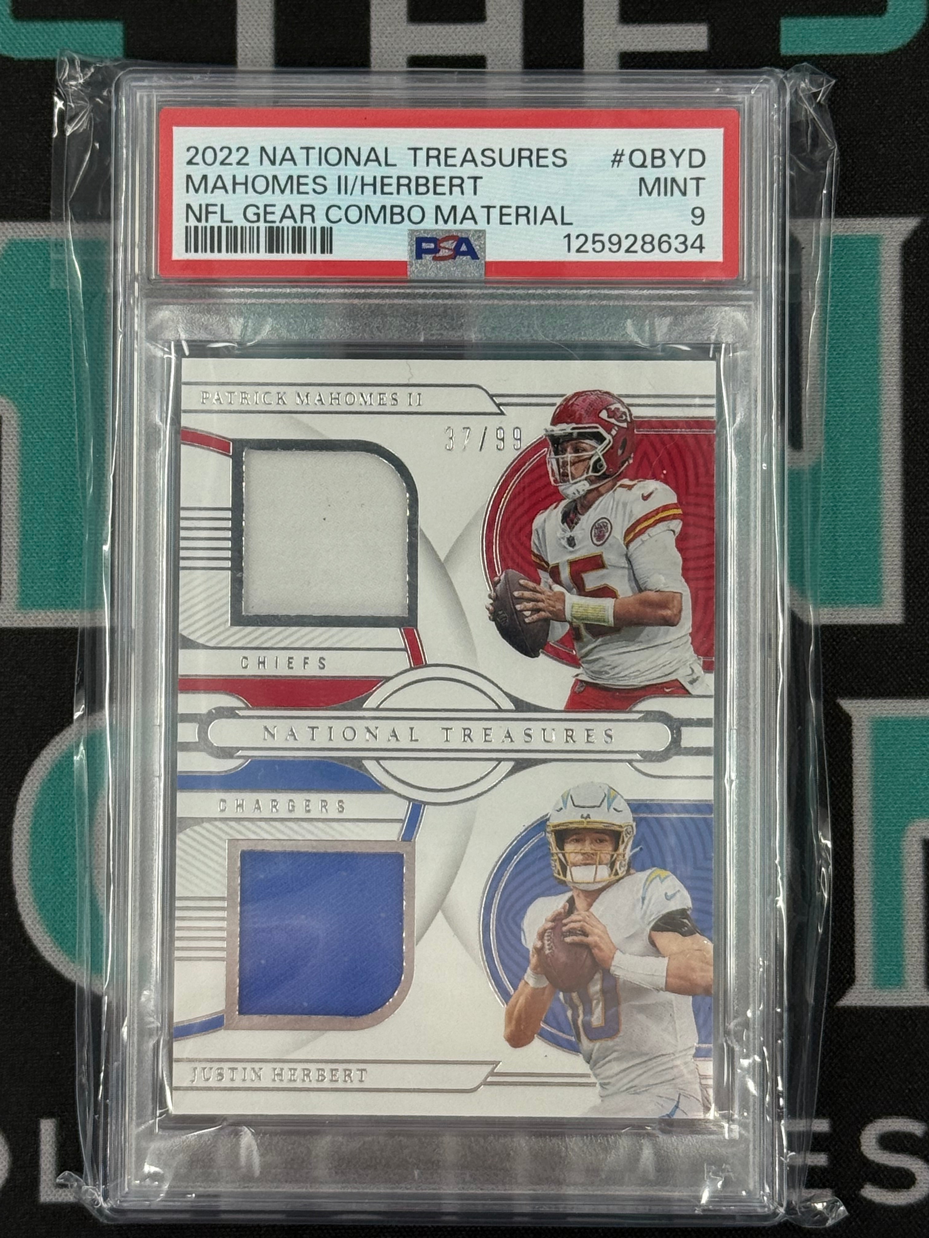 2022 National Treasures Patrick Mahomes Justin Herbert Dual Patch /99 PSA 9