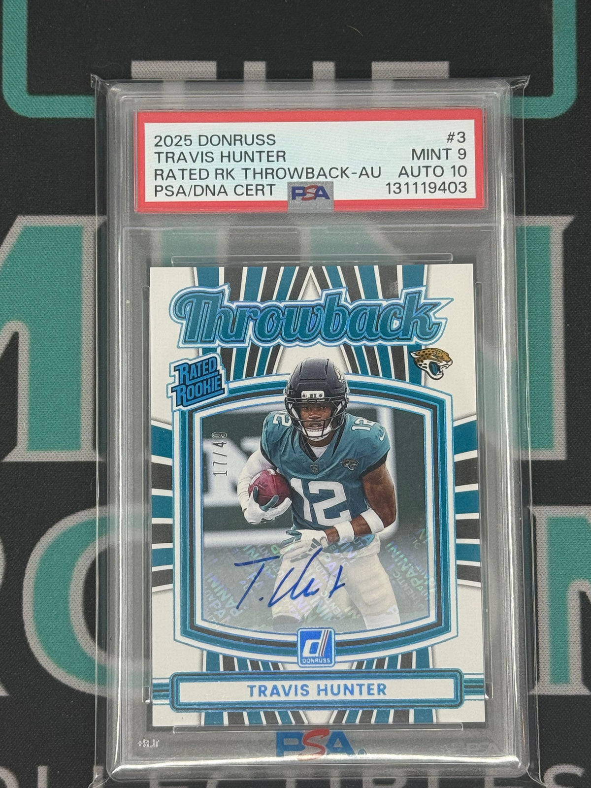 2025 Panini Donruss Rated Rookie Throwback Auto Travis Hunter /49 PSA 9/10 Auto