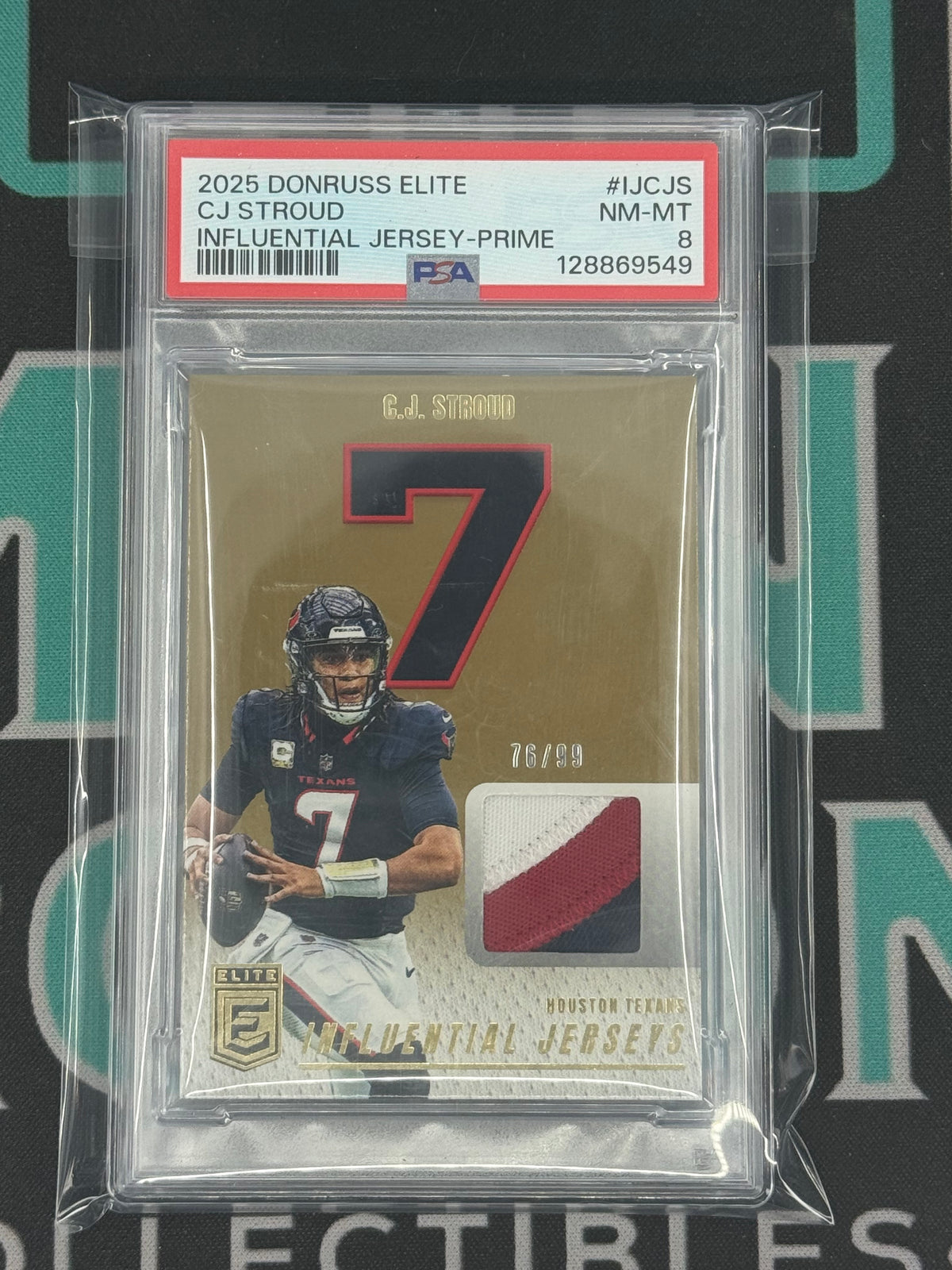 2025 Panini Donruss Elite CJ Stroud Influential Jersey Tri-Color Patch /99 PSA 8