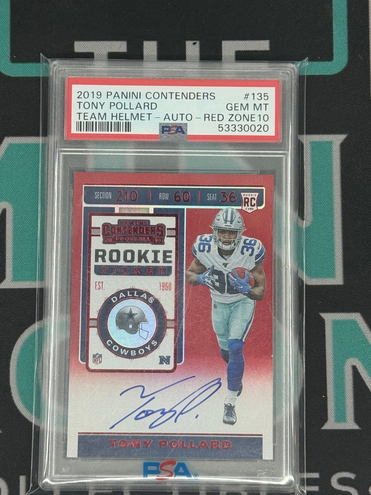 2019 Panini Contenders Tony Pollard Rookie Red Contenders Team Helmet Auto PSA 10